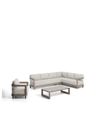 Nerano set with 5-seater corner sofa, armchair and coffee table in tempered glass and taupe aluminum