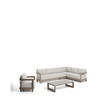 Nerano set with 5-seater corner sofa, armchair and coffee table in tempered glass and taupe aluminum