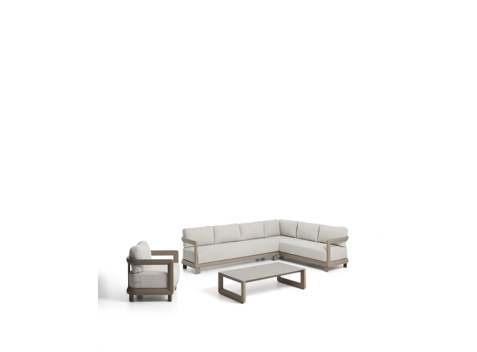 Nerano set with 5-seater corner sofa, armchair and coffee table in tempered glass and taupe aluminum