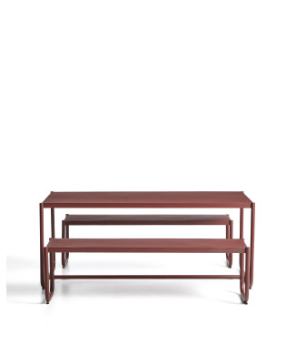 Sotil set of 2 benches and table in galvanized steel with garnet finish 183 x 83 cm