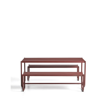 Sotil set of 2 benches and table in galvanized steel with garnet finish 183 x 83 cm