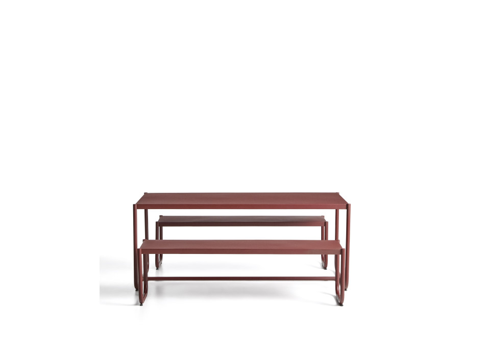 Sotil set of 2 benches and table in galvanized steel with garnet finish 183 x 83 cm