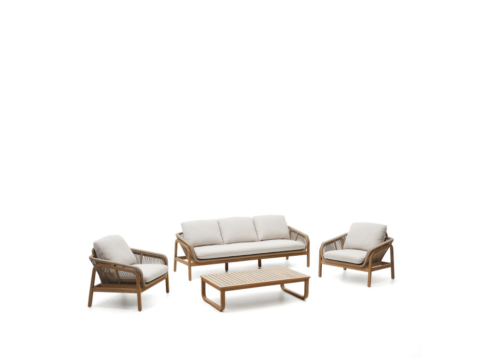 Vellana set consisting of 3-seater sofa, 2 armchairs and coffee table in solid wood