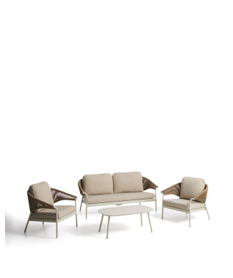 Zuara set with 3-seater sofa, 2 armchairs and outdoor table in ecru aluminium and brown synthetic rope