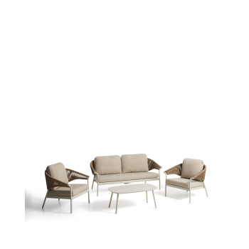 Zuara set with 3-seater sofa, 2 armchairs and outdoor table in ecru aluminium and brown synthetic rope