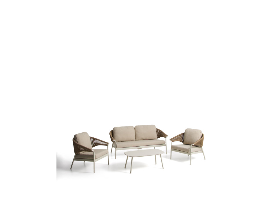 Zuara set with 3-seater sofa, 2 armchairs and outdoor table in ecru aluminium and brown synthetic rope