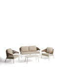 Zuara set with 3-seater sofa, 2 armchairs and outdoor table in ecru aluminium and brown synthetic rope