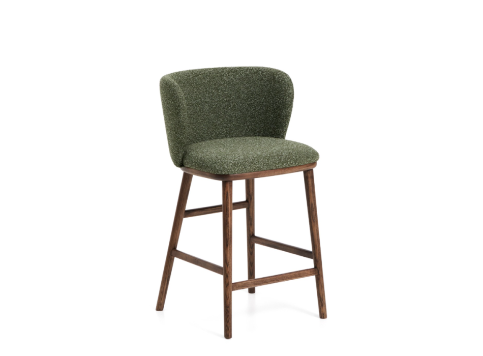 Ciselia stool in thick dark green chenille and solid ash wood legs with a walnut finish.