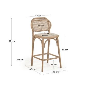 Doriane stool, solid oak wood, natural finish, padded seat, 65 cm