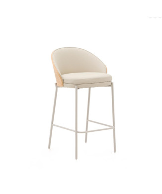 Eamy stool in beige synthetic leather, ash veneer, natural finish, 65 cm