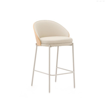 Eamy stool in beige synthetic leather, ash veneer, natural finish, 65 cm