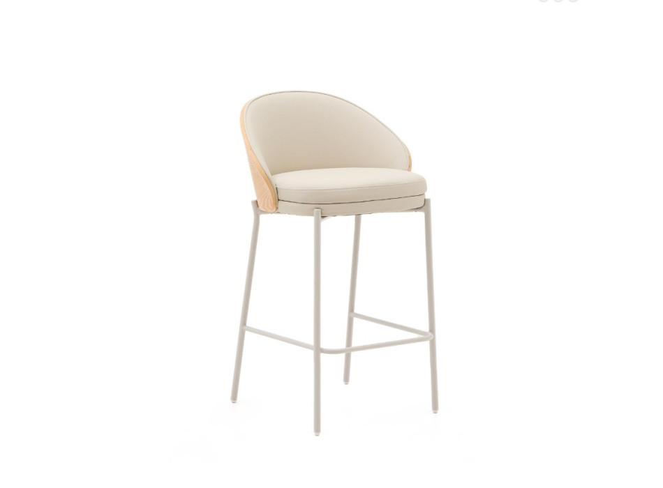 Eamy stool in beige synthetic leather, ash veneer, natural finish, 65 cm