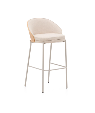 Eamy stool in beige synthetic leather, ash veneer, natural finish, 77 cm
