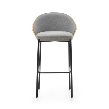 Eamy stool in light grey chenille with ash veneer and natural finish, black metal, 77 cm
