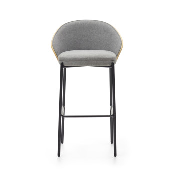 Eamy stool in light grey chenille with ash veneer and natural finish, black metal, 77 cm