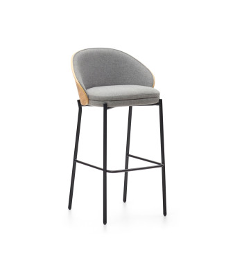 Eamy stool in light grey chenille with ash veneer and natural finish, black metal, 77 cm