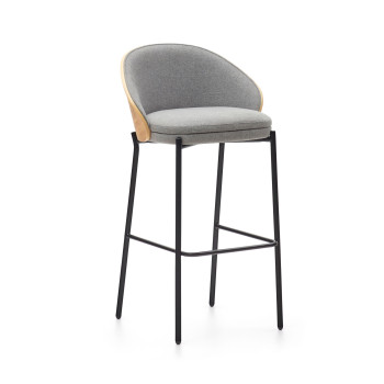 Eamy stool in light grey chenille with ash veneer and natural finish, black metal, 77 cm