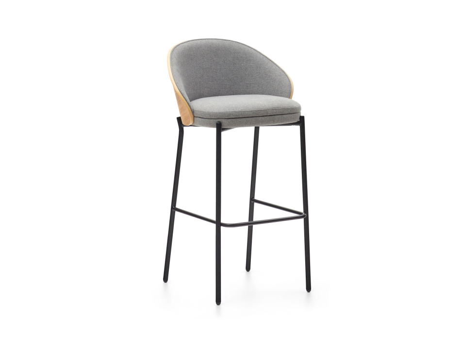 Eamy stool in light grey chenille with ash veneer and natural finish, black metal, 77 cm