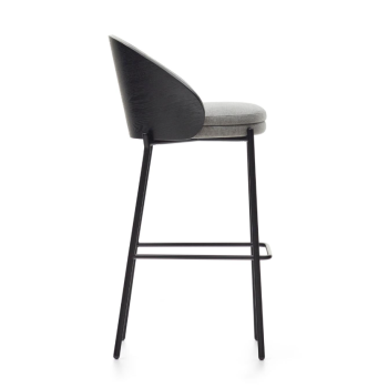 Eamy stool in light grey chenille, ash veneer, black finish, black metal, 75 cm