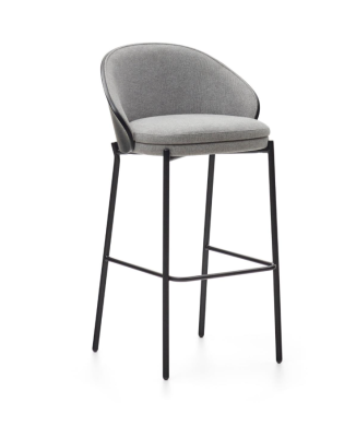 Eamy stool in light grey chenille, ash veneer, black finish, black metal, 75 cm
