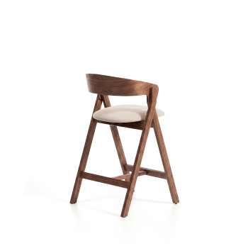 Godia stool in beige chenille and oak veneer with finish