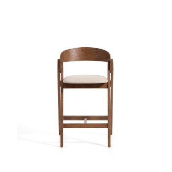 Godia stool in beige chenille and oak veneer with finish