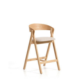 Godia stool in beige chenille and oak veneer with finish
