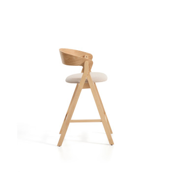 Godia stool in beige chenille and oak veneer with finish