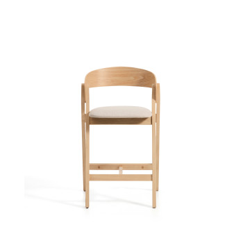 Godia stool in beige chenille and oak veneer with finish