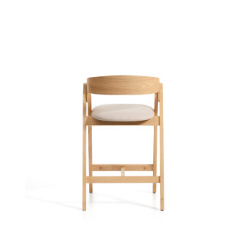 Godia stool in beige chenille and oak veneer with finish