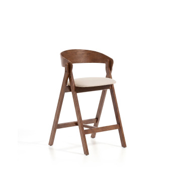 Godia stool in beige chenille and oak veneer with finish