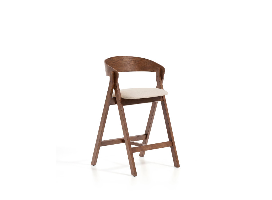 Godia stool in beige chenille and oak veneer with finish