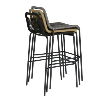 Lambton stool in black rope and black finish steel, height 74 cm