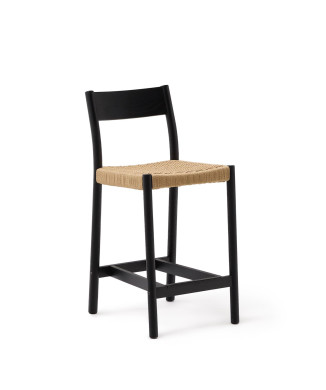 Yalia stool with solid oak backrest with black finish and 6 cm rope seat
