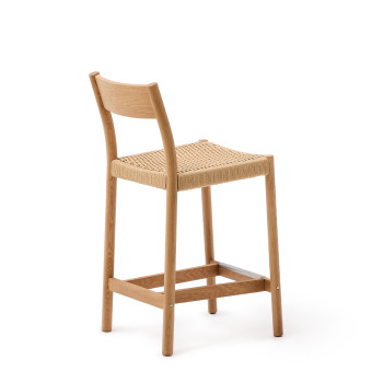 Yalia stool with backrest in solid oak wood with FSC 100% natural finish and rope seat, 65 cm