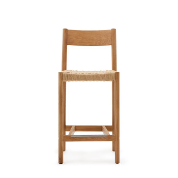 Yalia stool with backrest in solid oak wood with FSC 100% natural finish and rope seat, 65 cm