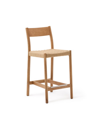 Yalia stool with backrest in solid oak wood with FSC 100% natural finish and rope seat, 65 cm
