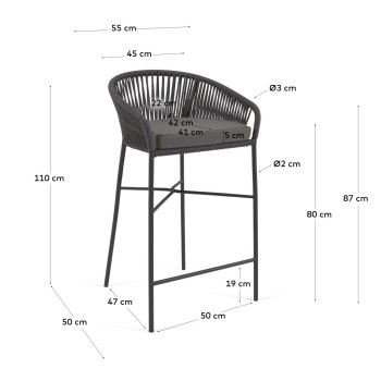 Yanet stool in black rope, height 80 cm