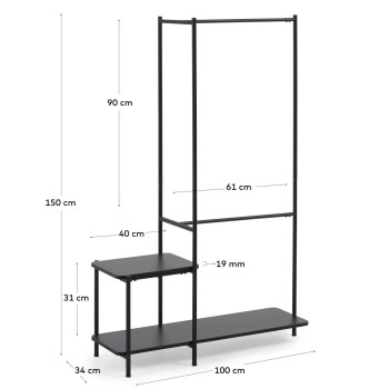 Galatia coat stand with melamine and metal bench in black finish 100 x 150 cm