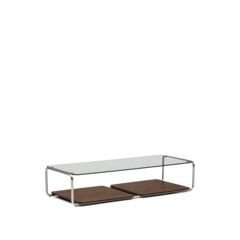 Tarsel coffee table in tempered glass and walnut veneer tray with brushed stainless steel frame 140 x 60 cm
