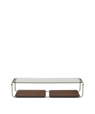 Tarsel coffee table in tempered glass and walnut veneer tray with brushed stainless steel frame 140 x 60 cm