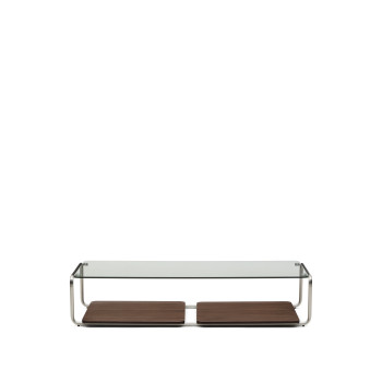 Tarsel coffee table in tempered glass and walnut veneer tray with brushed stainless steel frame 140 x 60 cm
