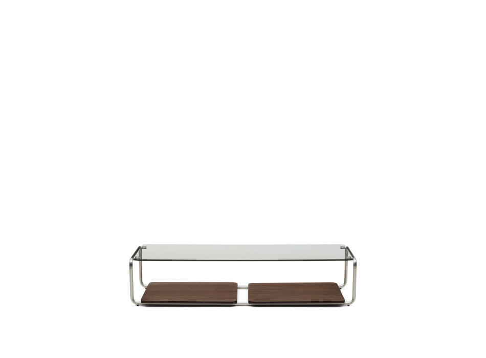 Tarsel coffee table in tempered glass and walnut veneer tray with brushed stainless steel frame 140 x 60 cm