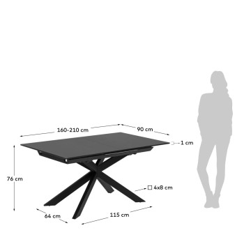 Atminda extendable table in glass and steel legs, black finish, 160 (210) x 90 cm