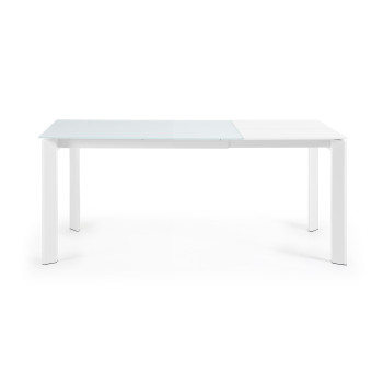 Axis extendable table in white glass and white finish steel legs 120 (180) cm