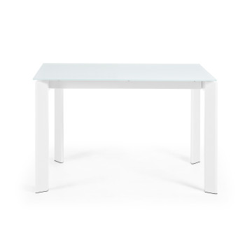 Axis extendable table in white glass and white finish steel legs 120 (180) cm