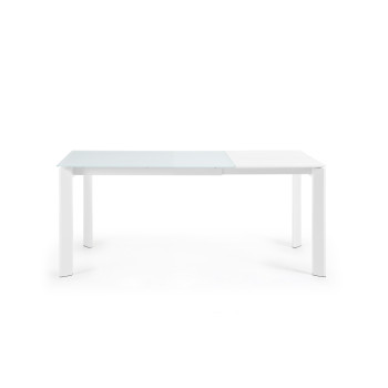 Axis extendable table in white glass and white finish steel legs 120 (180) cm
