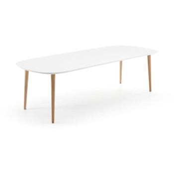 Oqui extendable table, white lacquered MDF, 100 natural legs, white lacquer