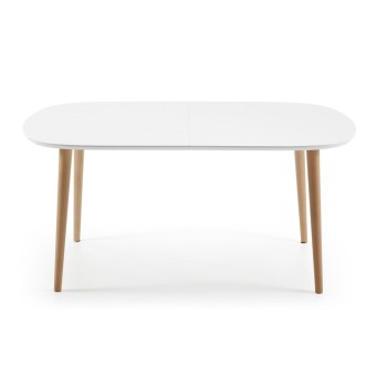 Oqui extendable table, white lacquered MDF, 100 natural legs, white lacquer