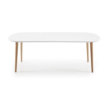 Oqui extendable table, white lacquered MDF, 100 natural legs, white lacquer